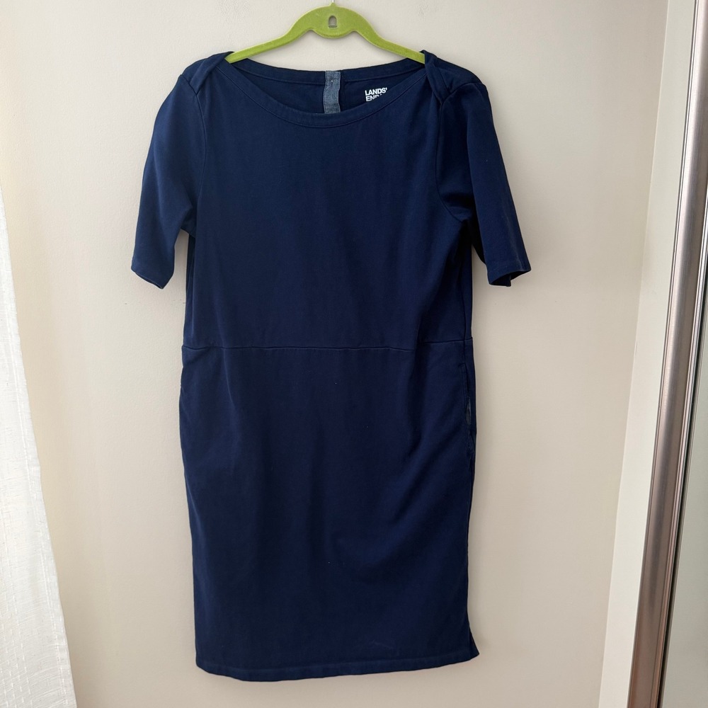 Lands End Navy Blue 100% Cotton Short Sleeve‎ Button Back Shift Dress Womens S